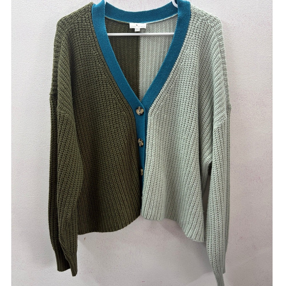 True Craft Women 2X Colorblock Cardigan Sweater Green Teal Waffle Knit Button Up